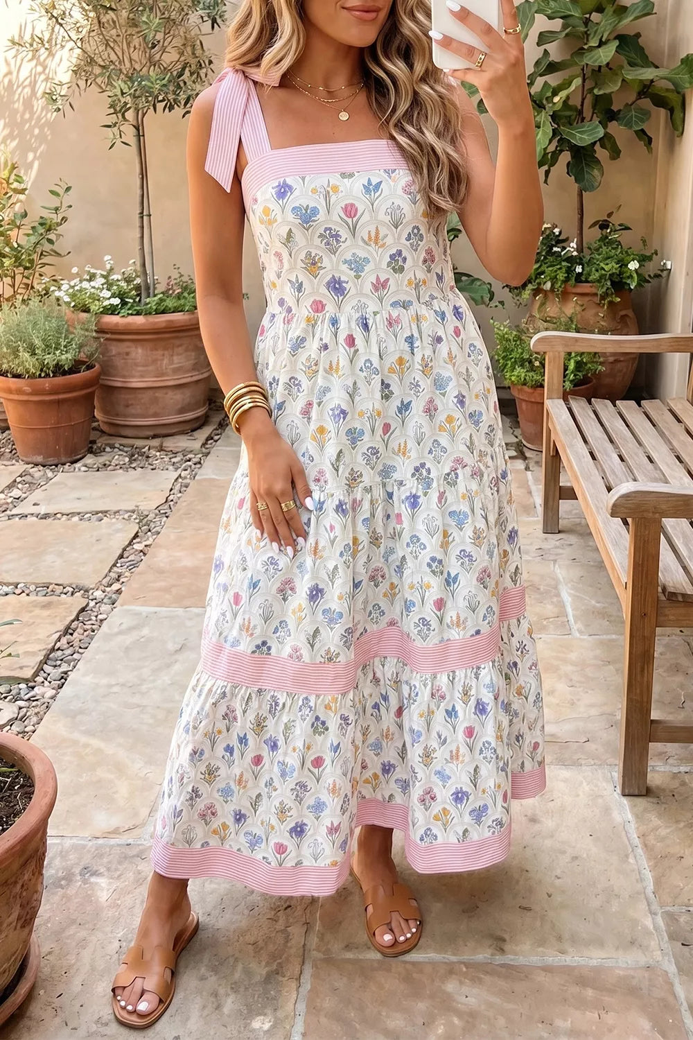 White floral tiered midi dress with tie shoulders, front view