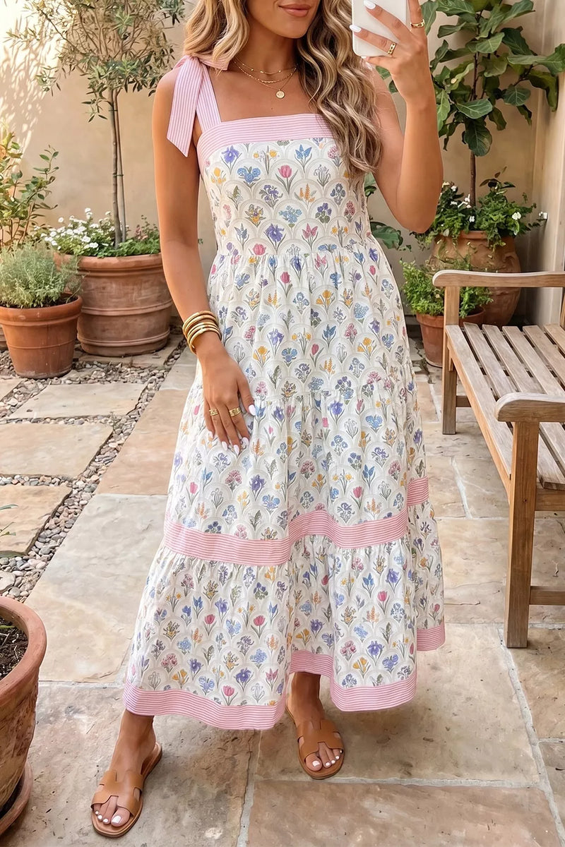 White floral tiered midi dress with tie shoulders, front view