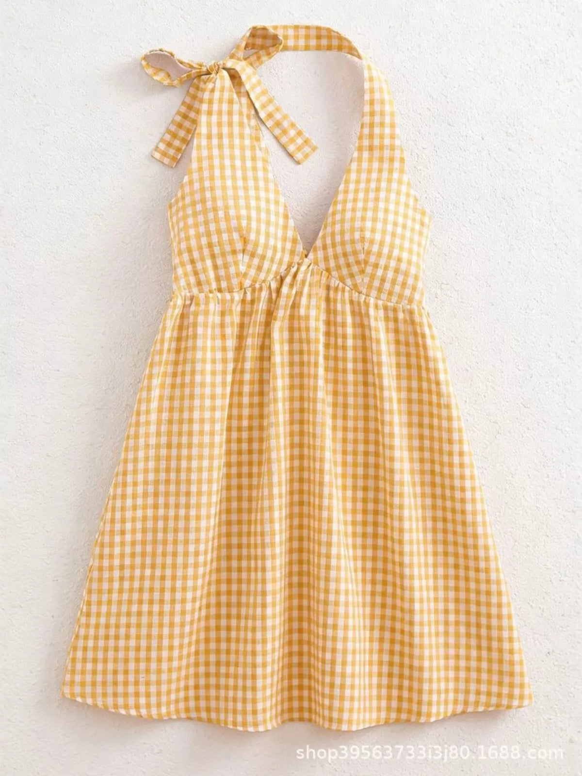 Yellow gingham mini dress full length view