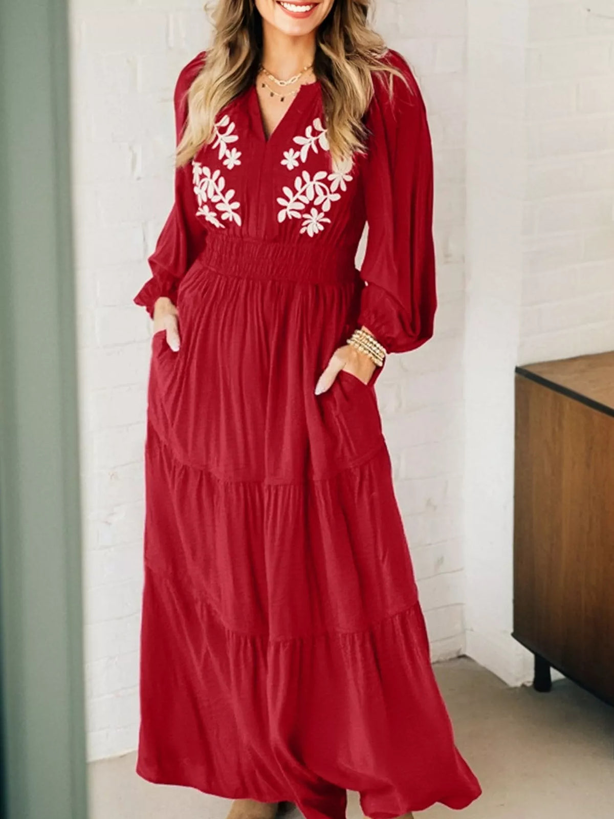rust embroidered cinched waist tiered maxi dress full length view