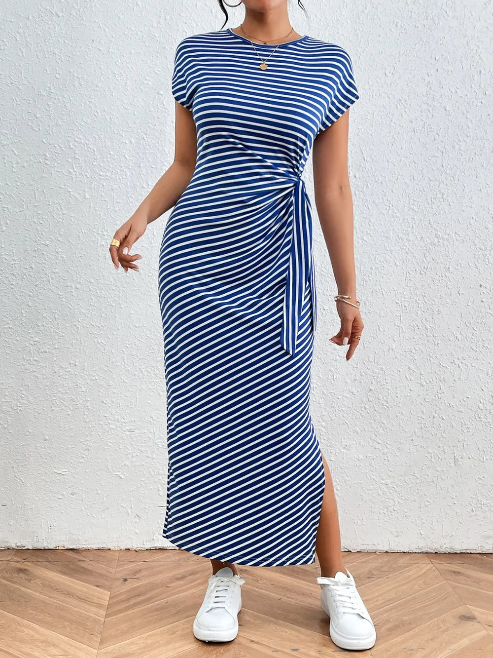 striped round neck short sleeve tee dress portrait crop