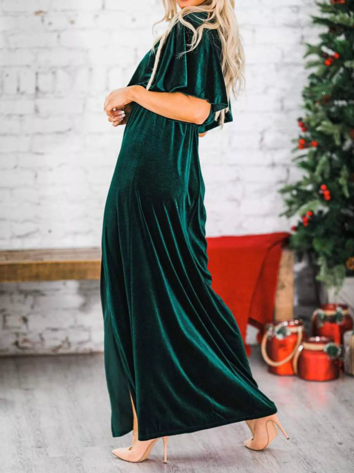 flutter sleeve velvet maxi dress side view