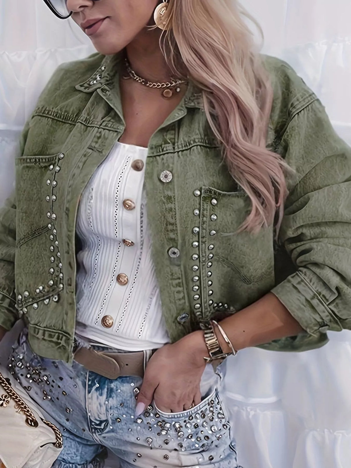 Studded Washed Denim Jacket in Army Green view 8