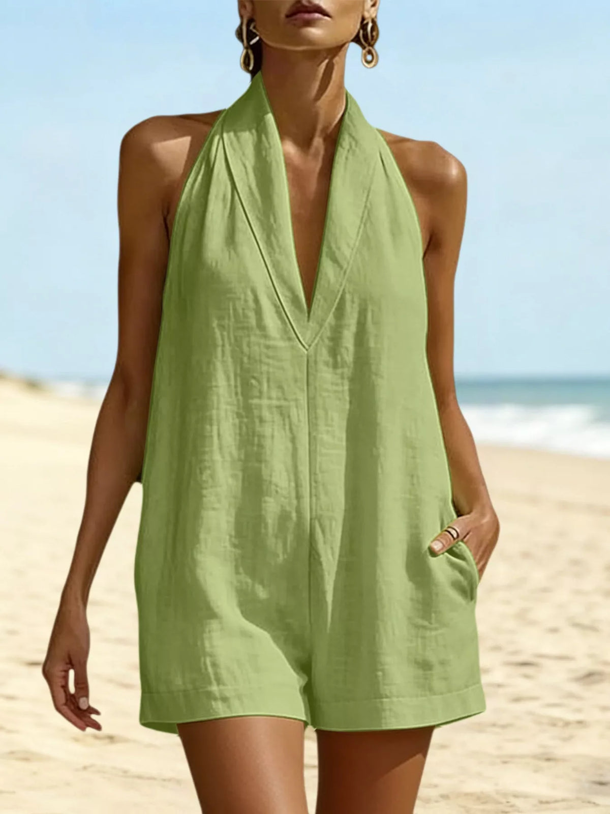 Halter neck romper with pockets styled view