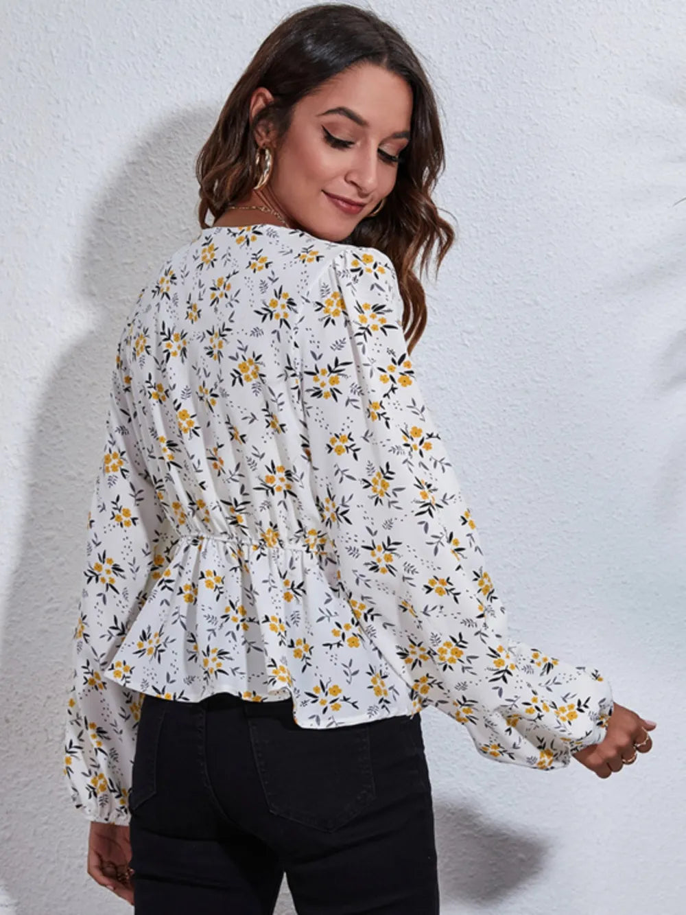 Floral V-Neck Balloon Sleeve Peplum Blouse - Fashorio