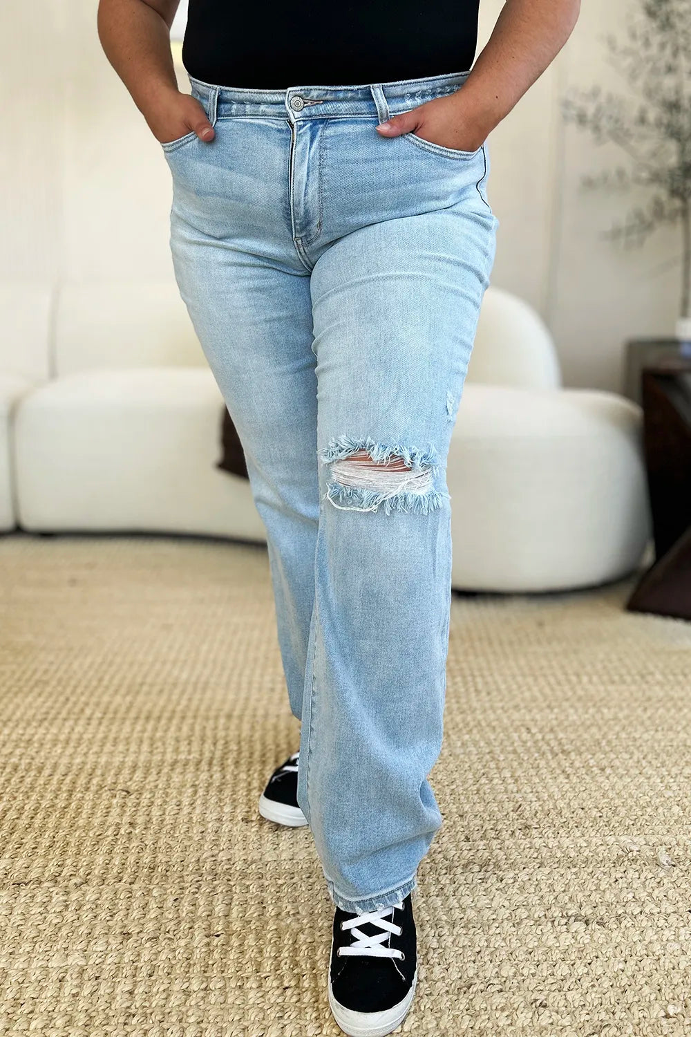 Judy Blue Full Size High Waist Distressed Straight Jeans - Fashorio
