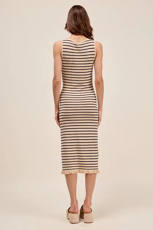 SO ME Stripe Sleeveless Sweater Knit Maxi Dress With Ruffled Hem - Fashorio