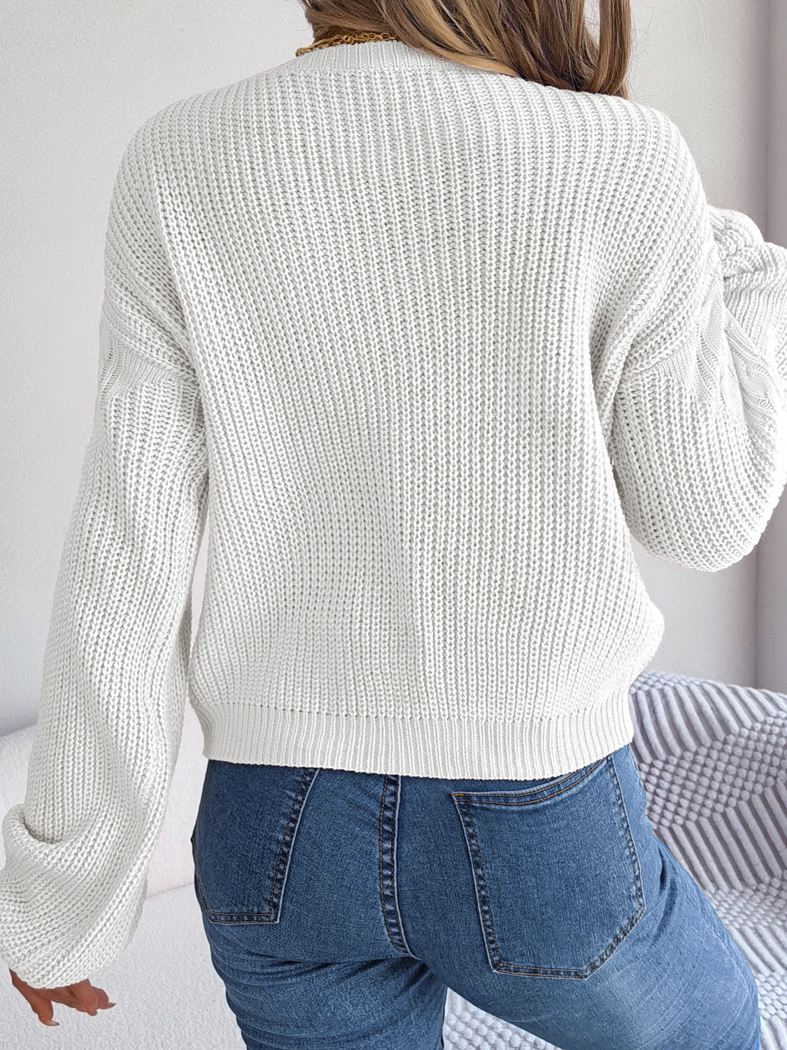 Cable-Knit Round Neck Drop Shoulder Sweater - Fashorio