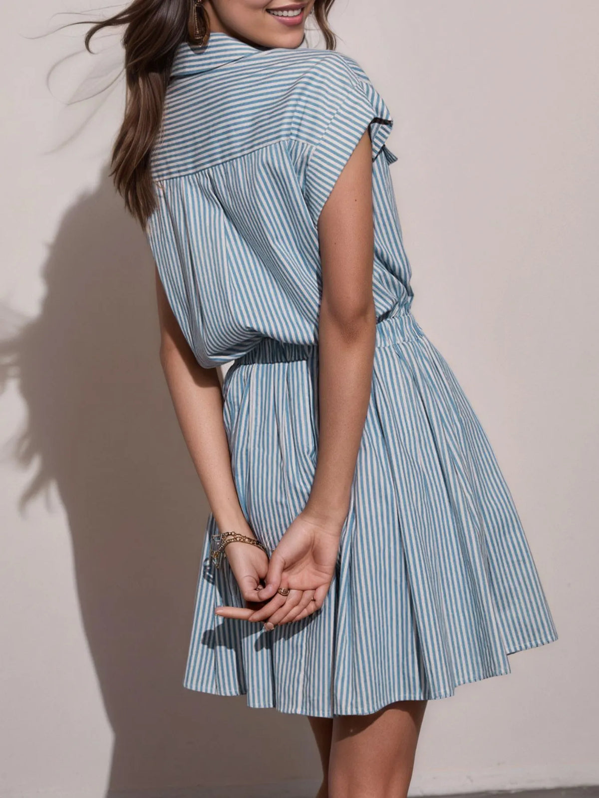 Cap sleeve striped mini dress side view