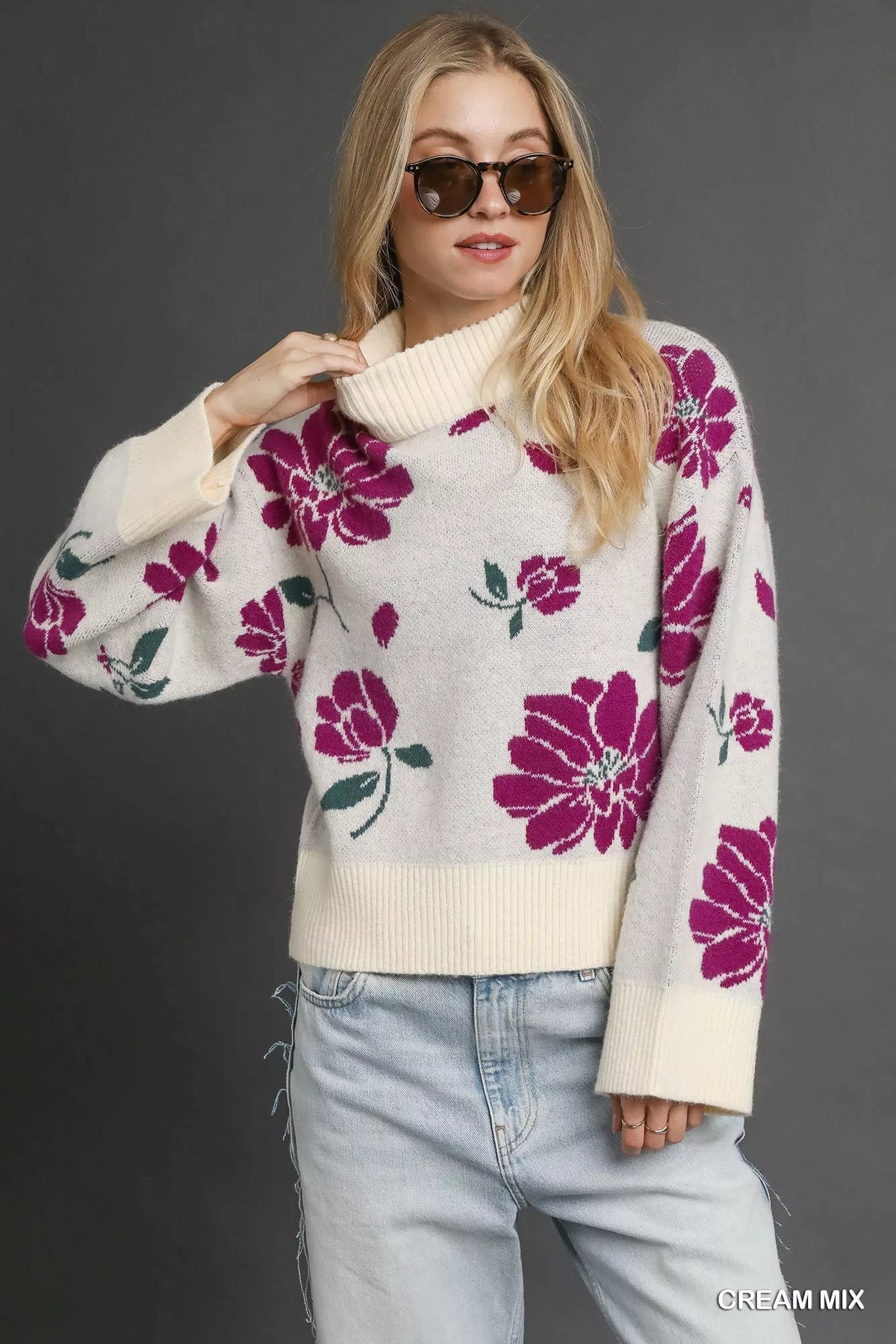 Floral Pattern Mock Neck Sweater in Cream