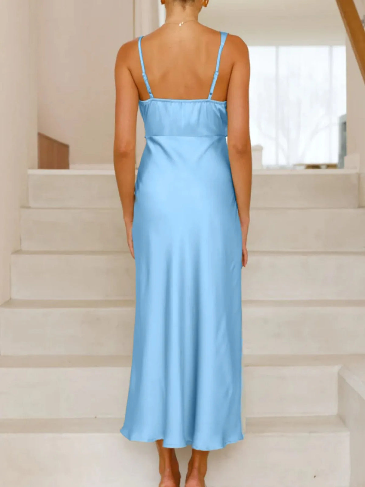 satin asymmetrical midi dress neckline detail