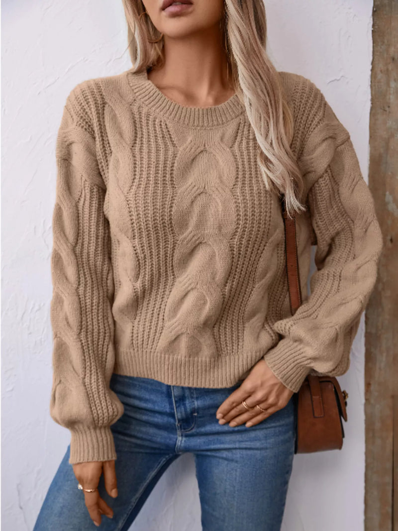 Camel cable knit long sleeve sweater front view