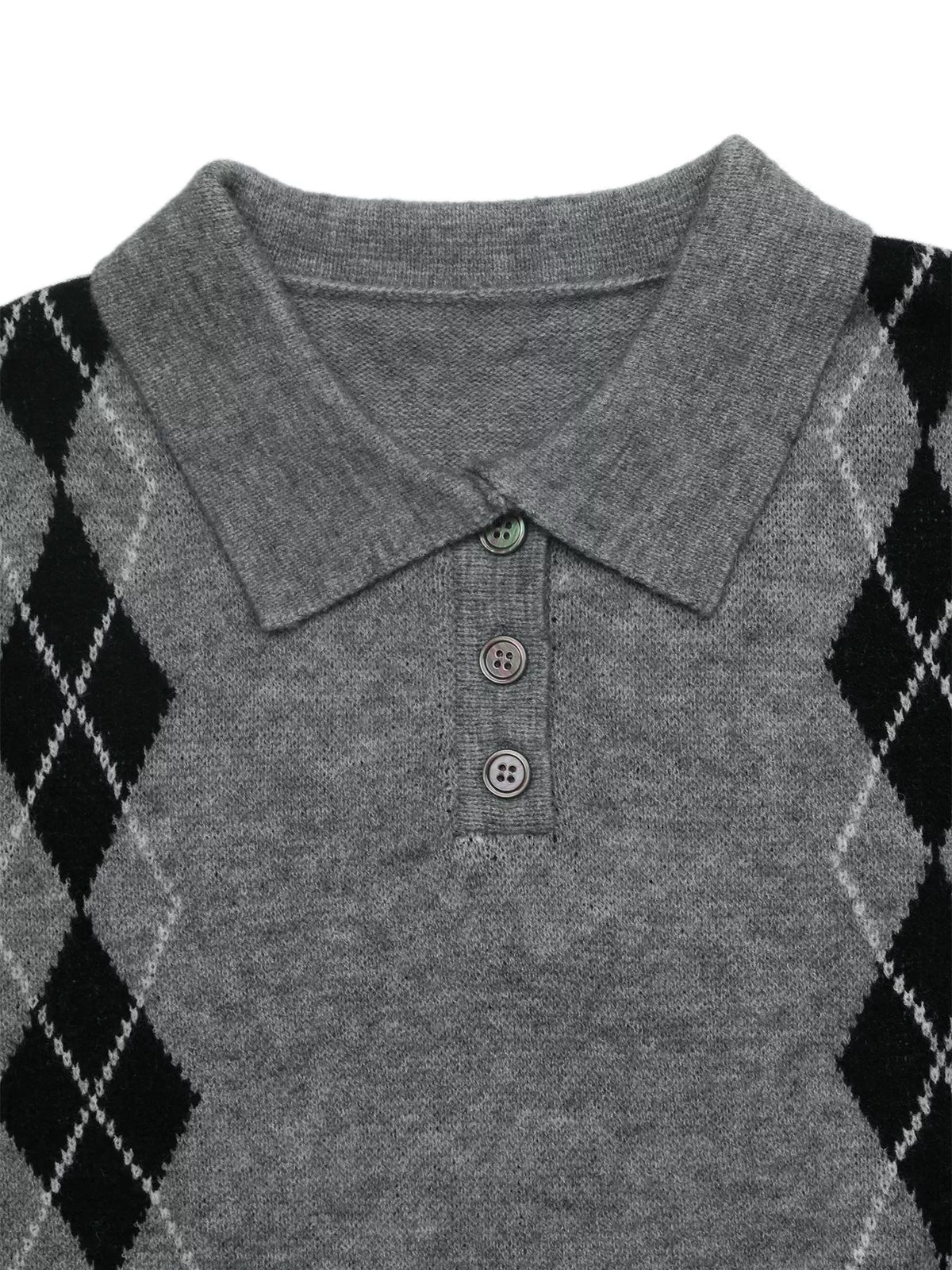 Argyle Polo Collar Ribbed Sweater close up