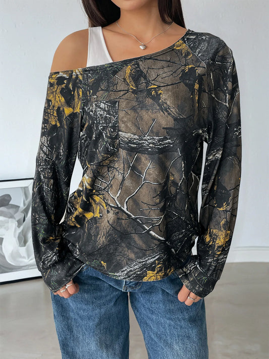 Asymmetrical Neck Printed Long Sleeve Top Army Green - Fashorio