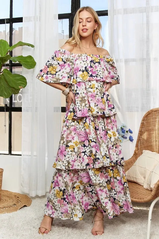 Floral Off Shoulder Maxi Dress in Mauve