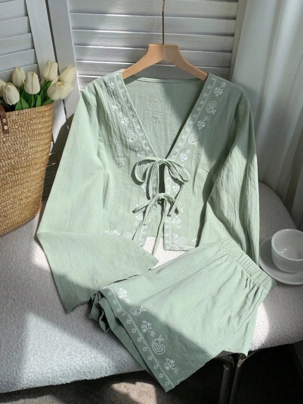 Embroidered Tie Front Top and Shorts Set, view 12