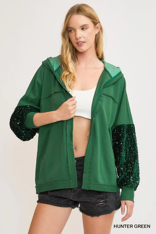 Umgee Sequined French Terry Jacket – Oversized Hoodie Style Hunter green - Fashorio
