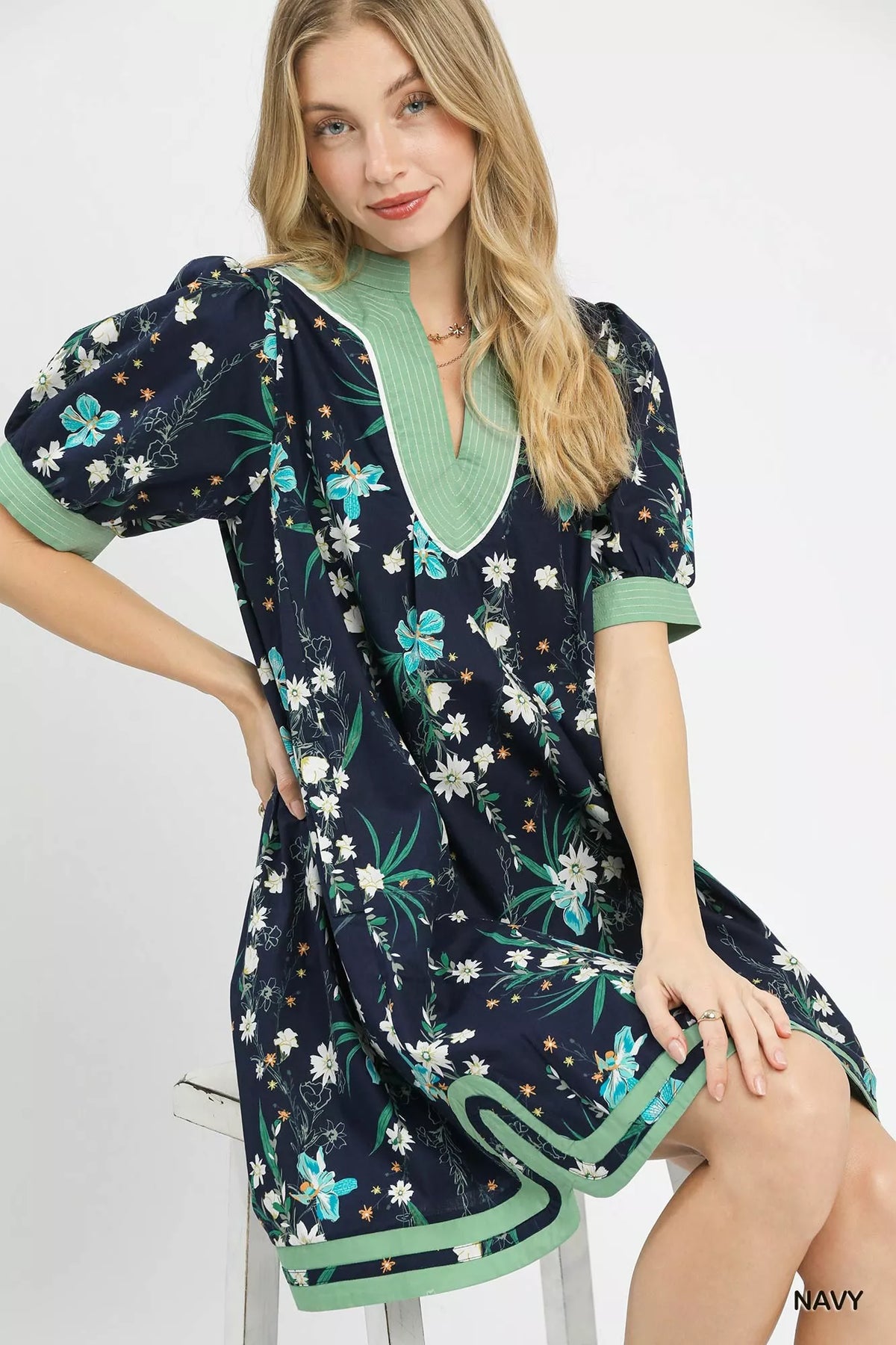 Navy floral puff sleeve contrast trim dress full length view
