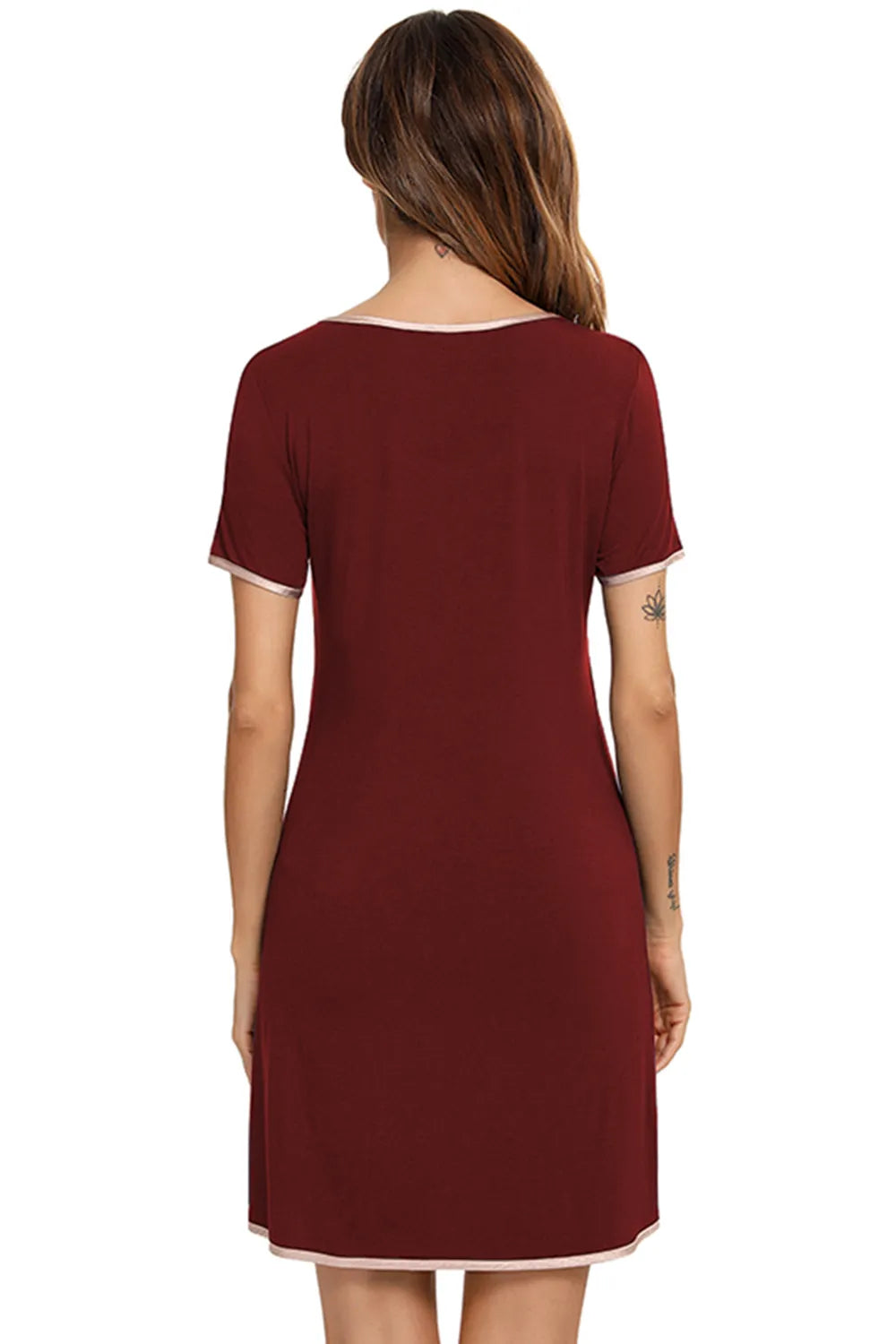 Contrast Trim Pocketed Round Neck Lounge Dress - Fashorio