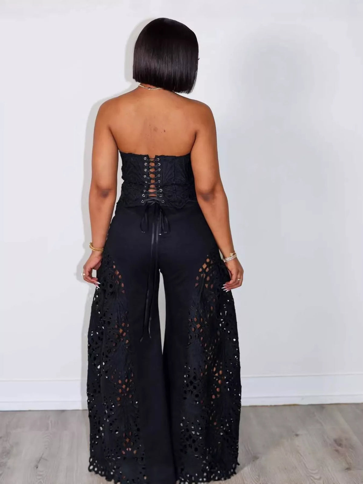 Black cutout tube top and wide leg pants set