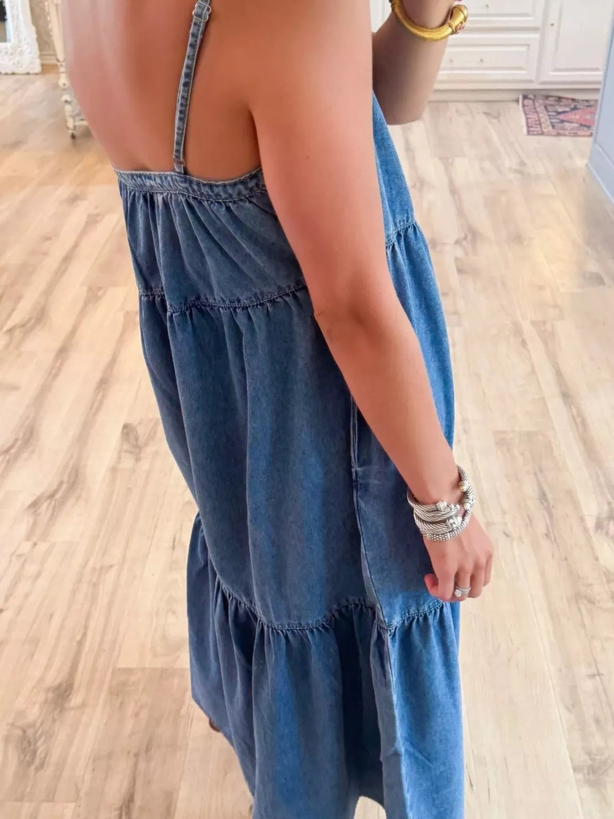 Blue denim tiered ruffle dress full length