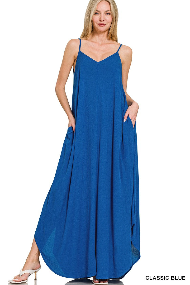Crinkle Cami Maxi Dress with Pockets in Classic Blue