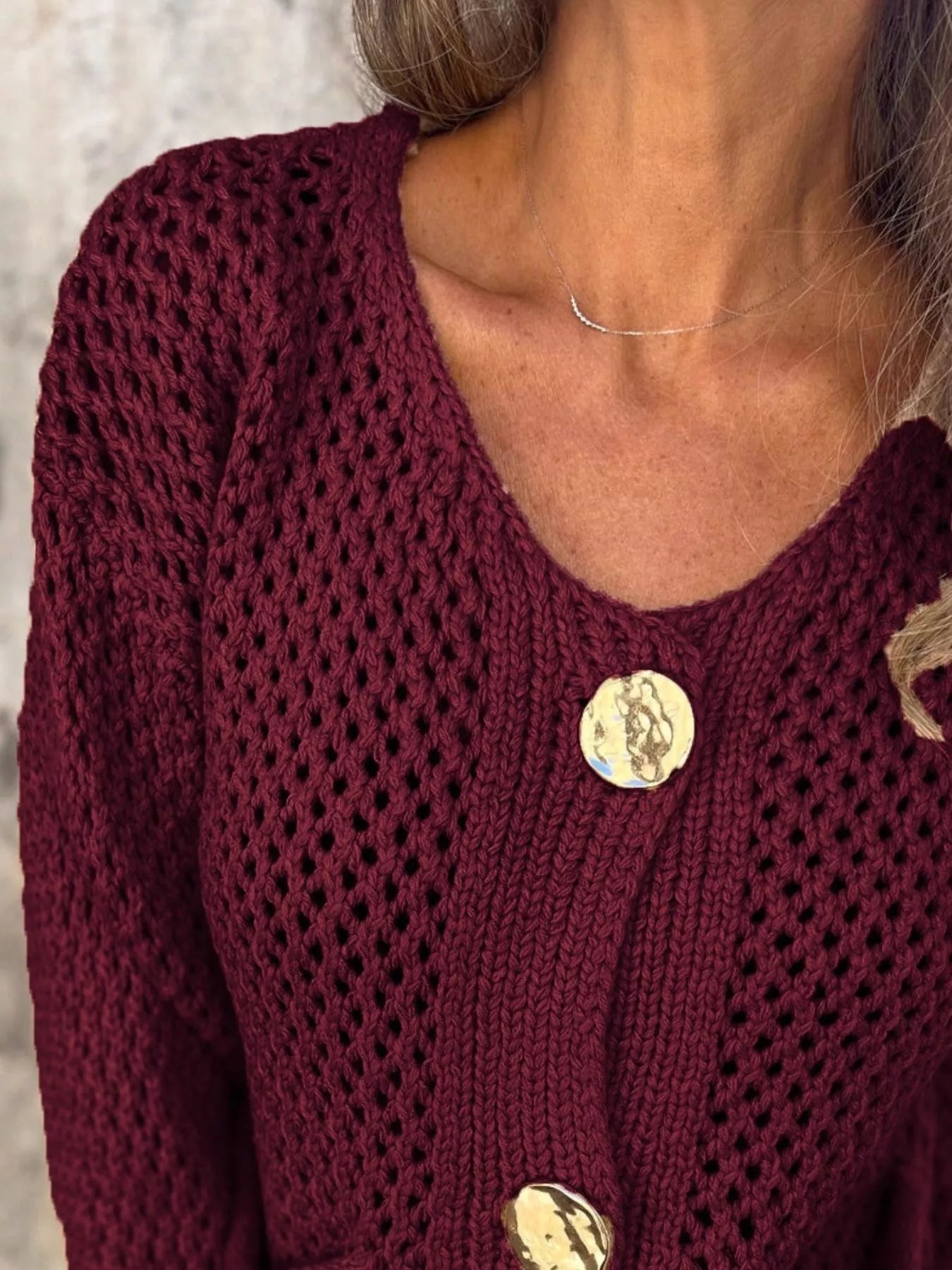 Crochet Button Up Long Sleeve Cardigan - Fashorio