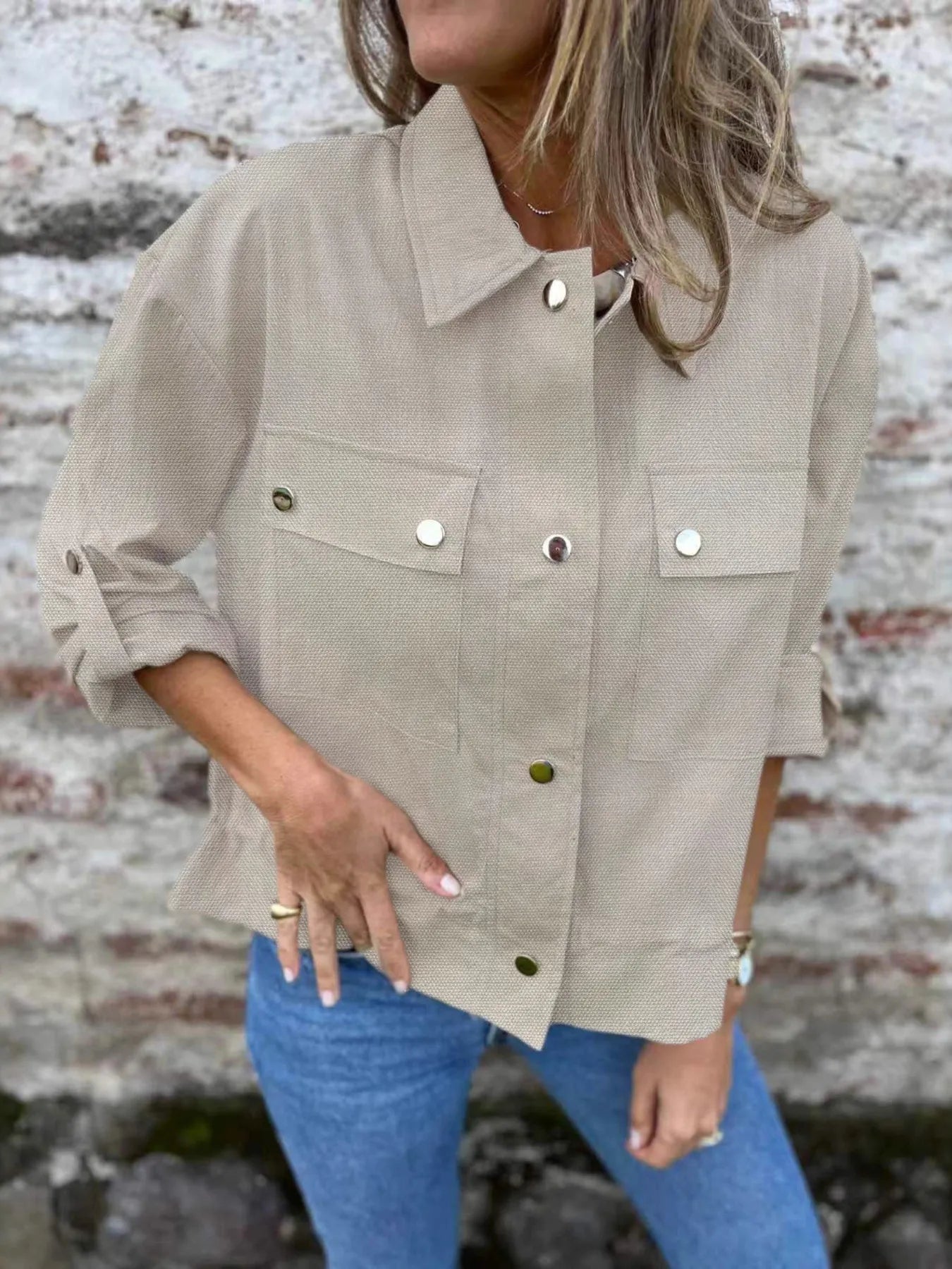 Women’s Utility Shacket with Snap Front and Pockets Khaki - Fashorio