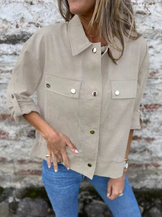 Women’s Utility Shacket with Snap Front and Pockets Khaki - Fashorio