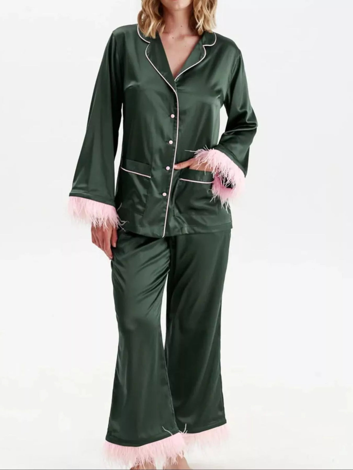 Silky button up lounge set close up view