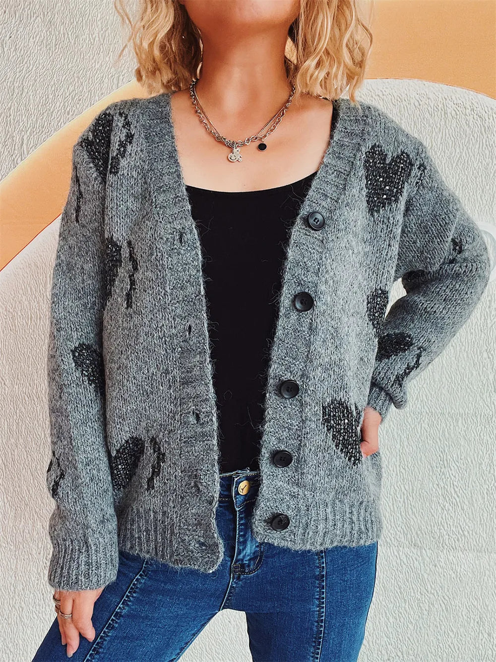 Heart Button Up Long Sleeve Cardigan Dark Gray One Size - Fashorio