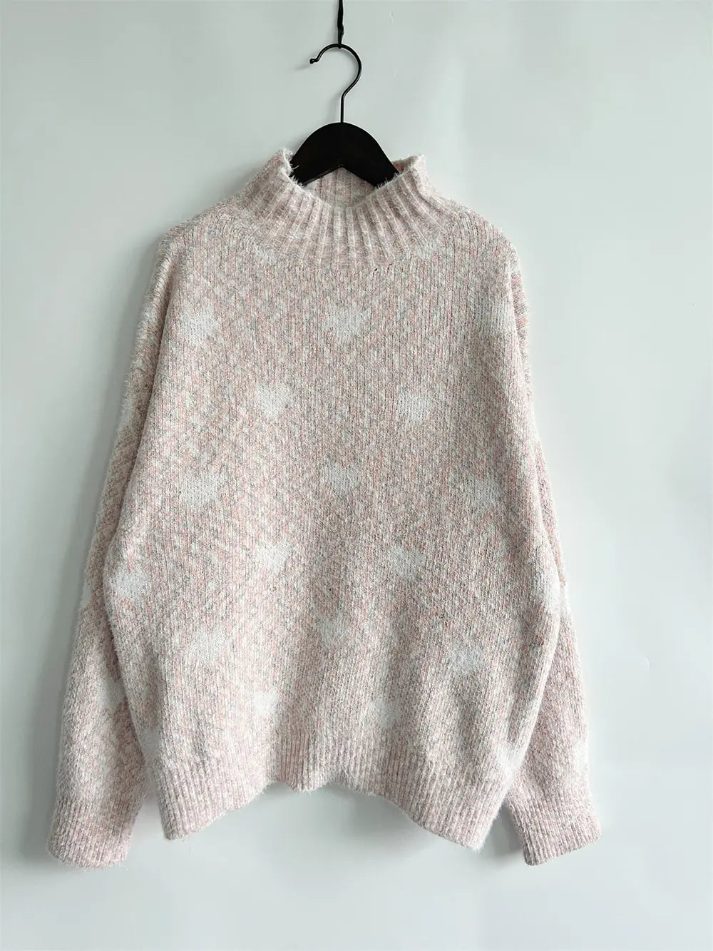 Heart Heathered Turtleneck Drop Shoulder Sweater - Fashorio