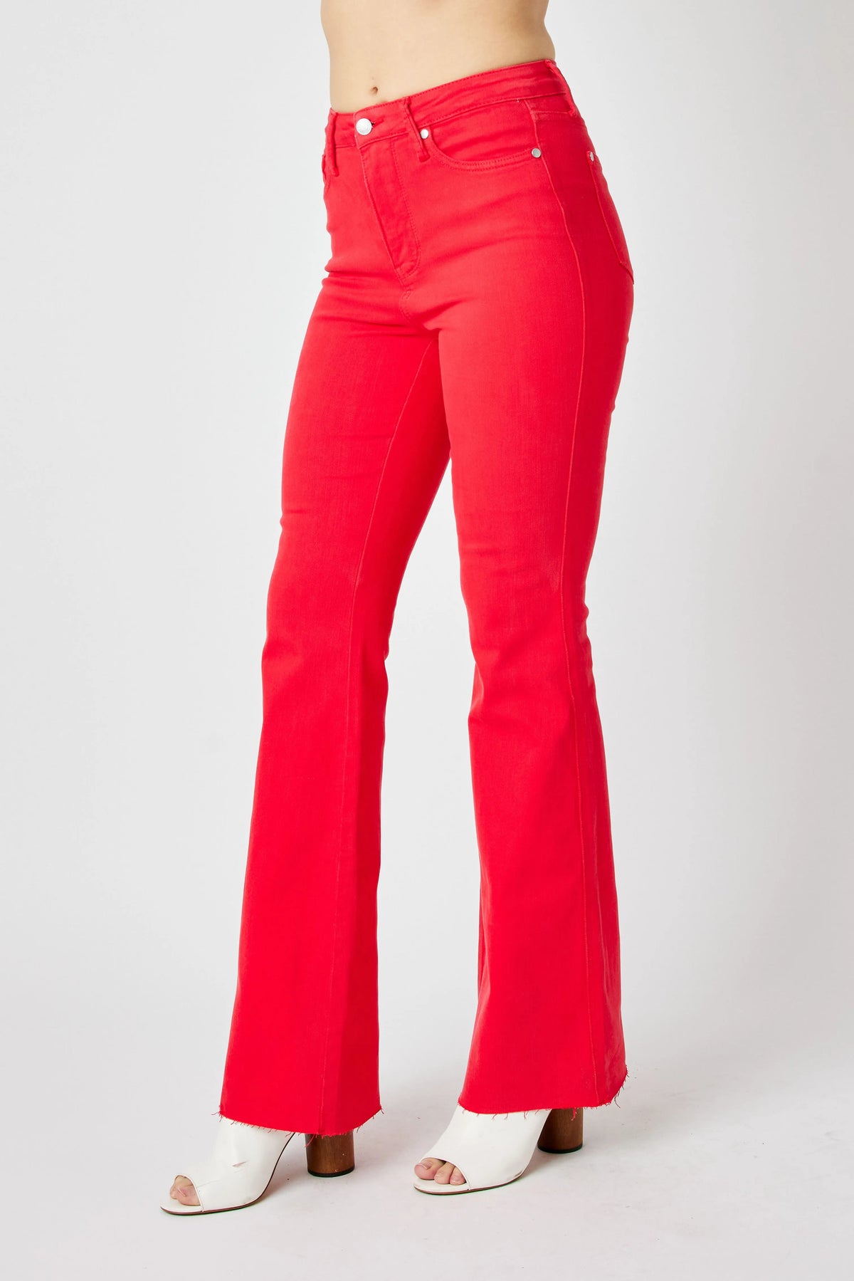 Judy Blue tummy control red flare jeans back view