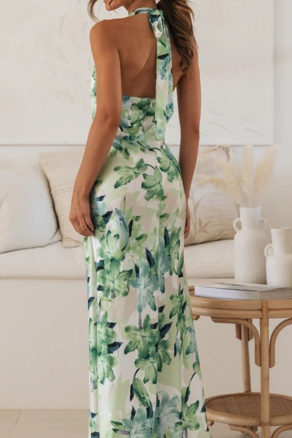 floral halter neck maxi dress with leg slit fabric and print detail