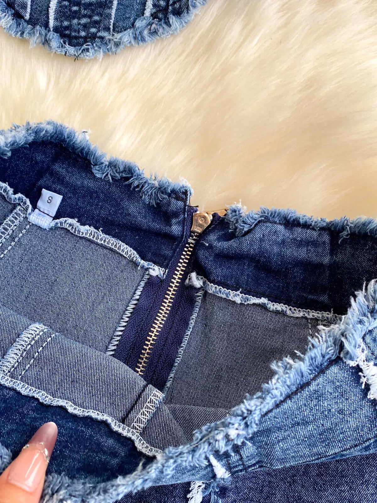 Raw hem denim set full length styling