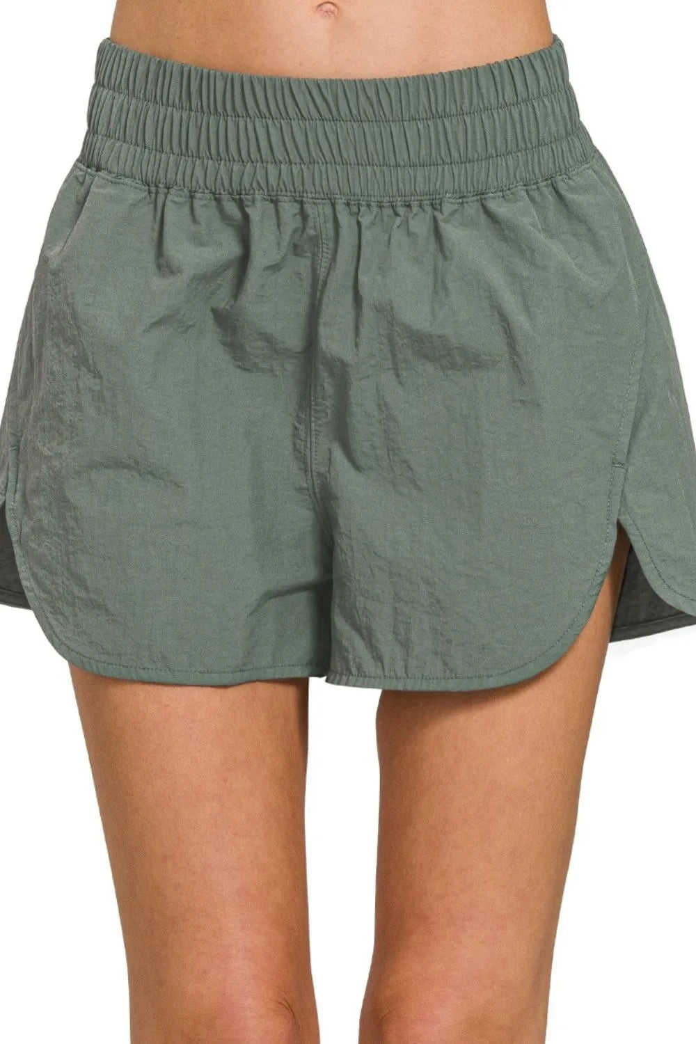 Zenana Windbreaker Smocked Waistband Running Shorts ASH JADE - Fashorio