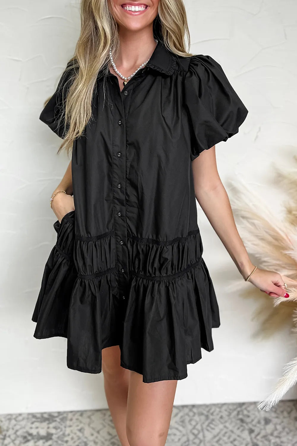 Button Down Puff Sleeve Ruffle Hem Dress, view 6