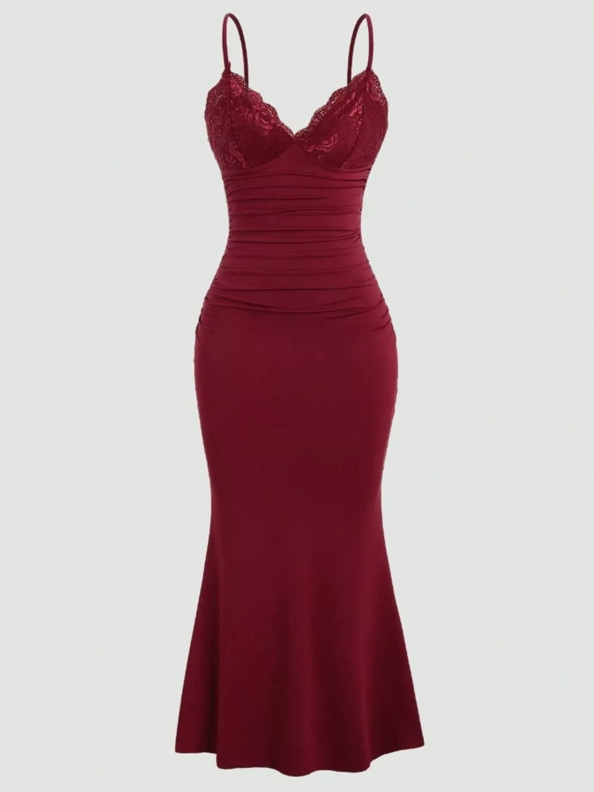 Model wearing the lace trim ruched mermaid dress in a full length front view