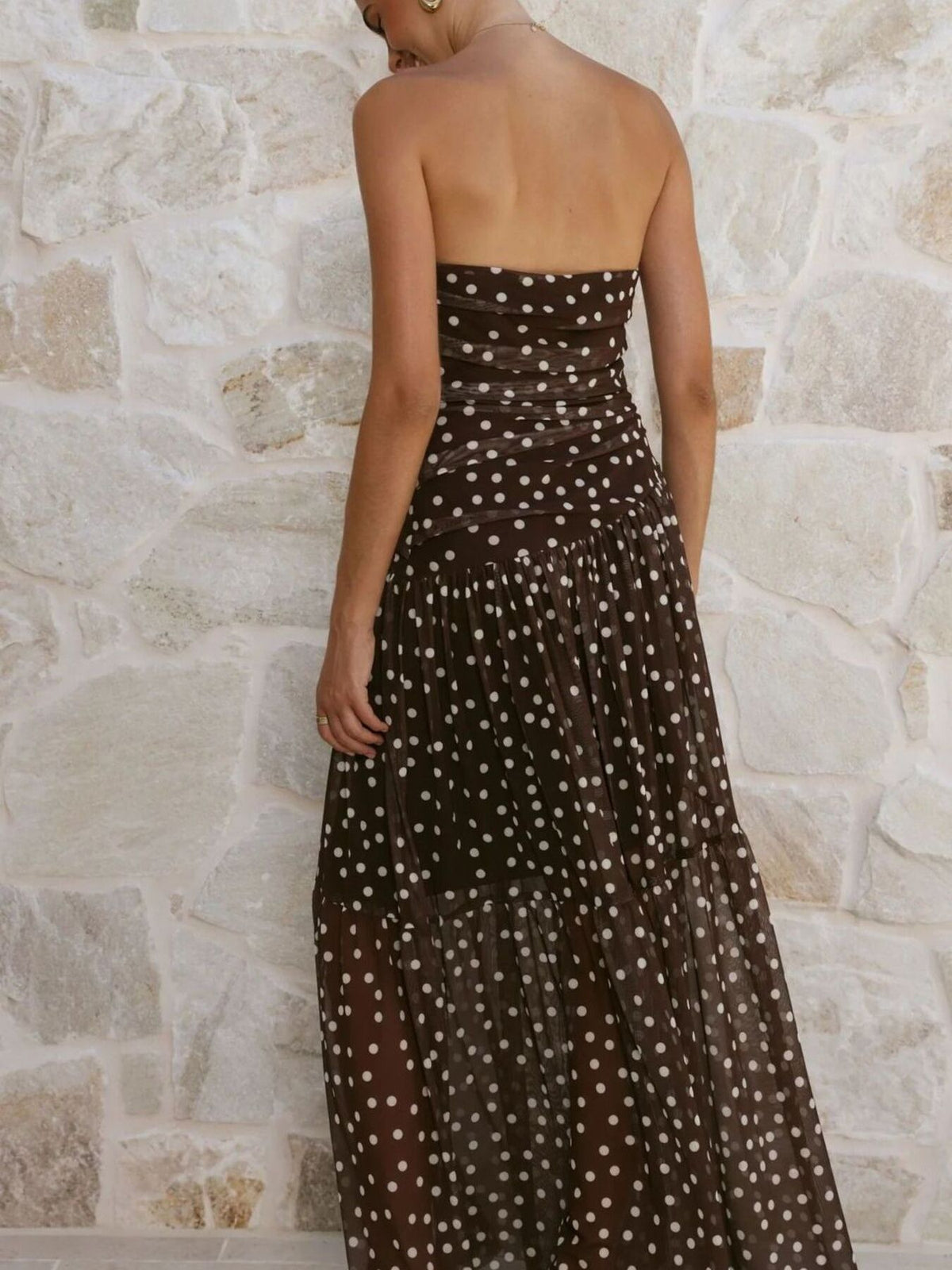 Polka dot strapless ruched maxi dress, back detail