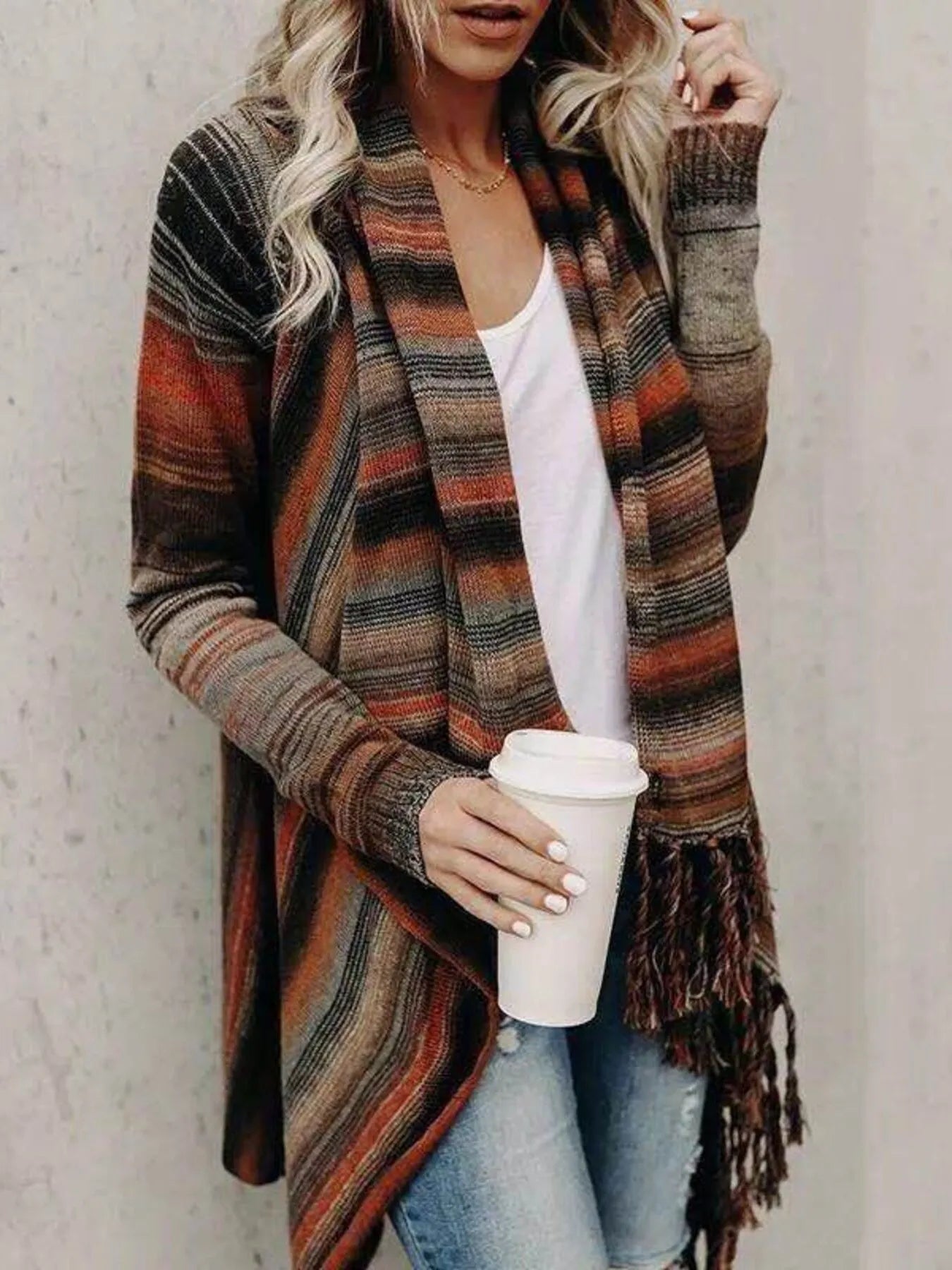 Fringe Long Sleeve Wrap Cardigan Orange Stripe - Fashorio