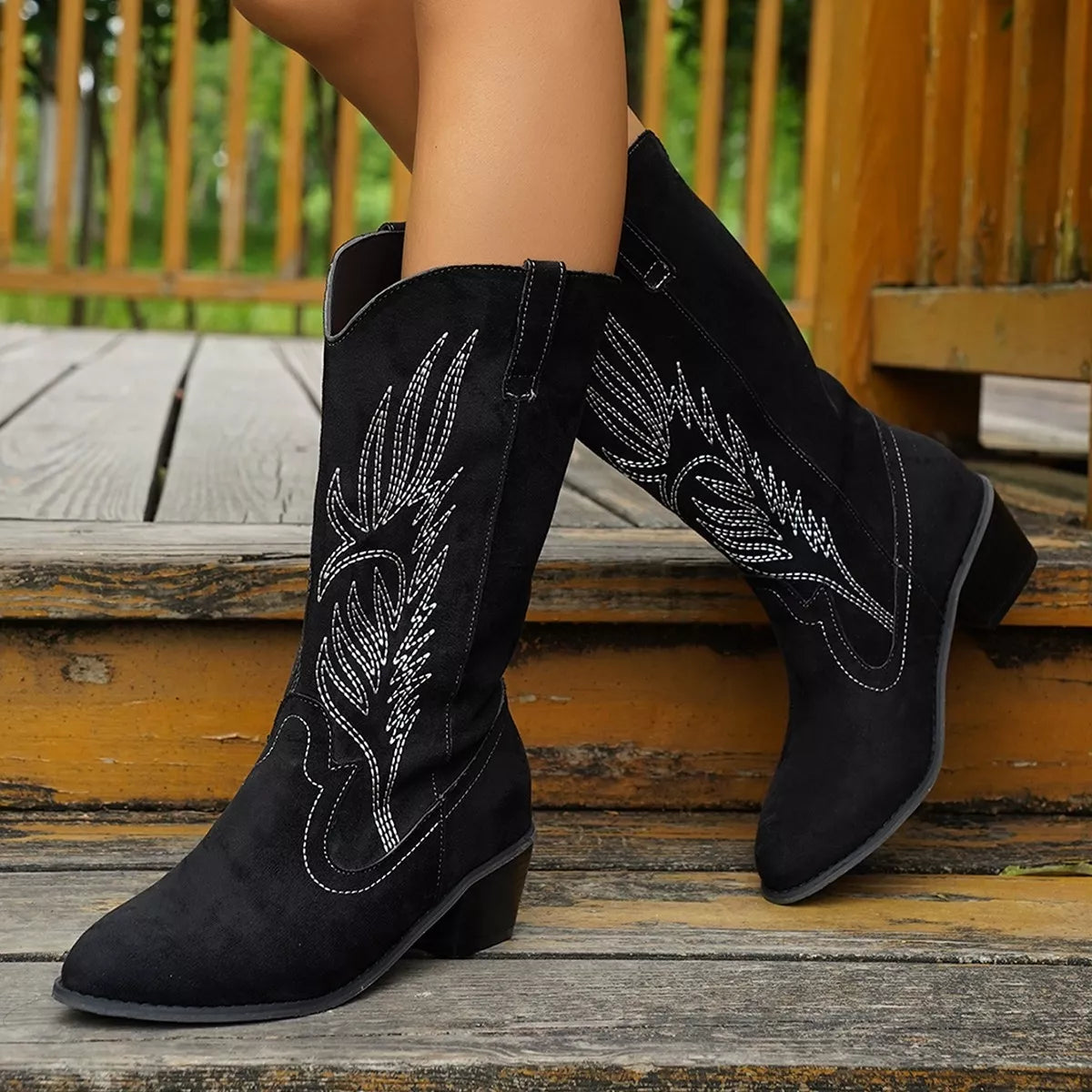 Point toe block heel boots in Black, side profile
