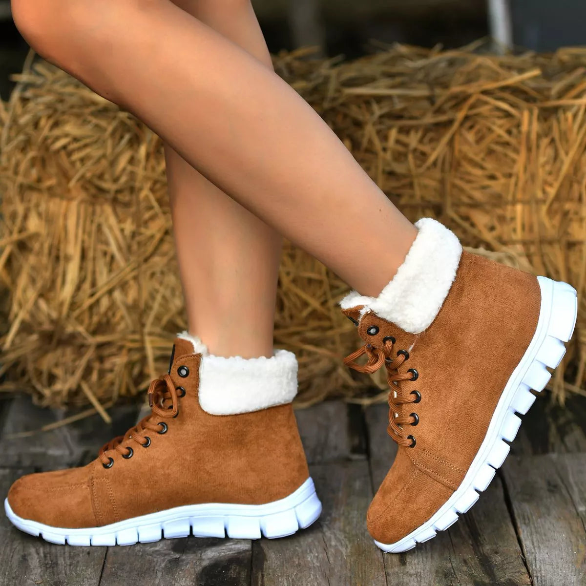 Lace Up Round Toe Boots close up of the upper