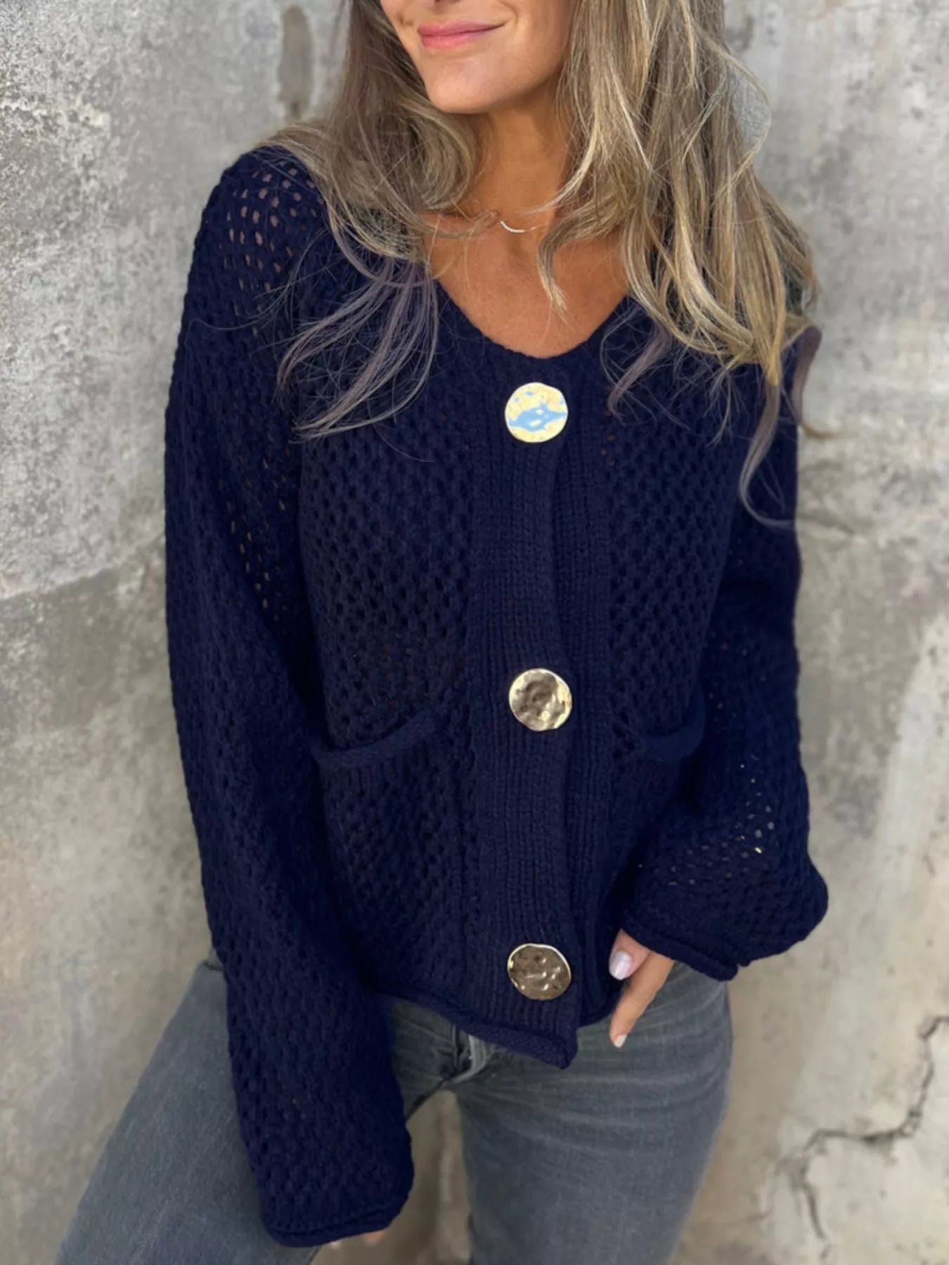 Crochet Button Up Long Sleeve Cardigan Dark Blue - Fashorio