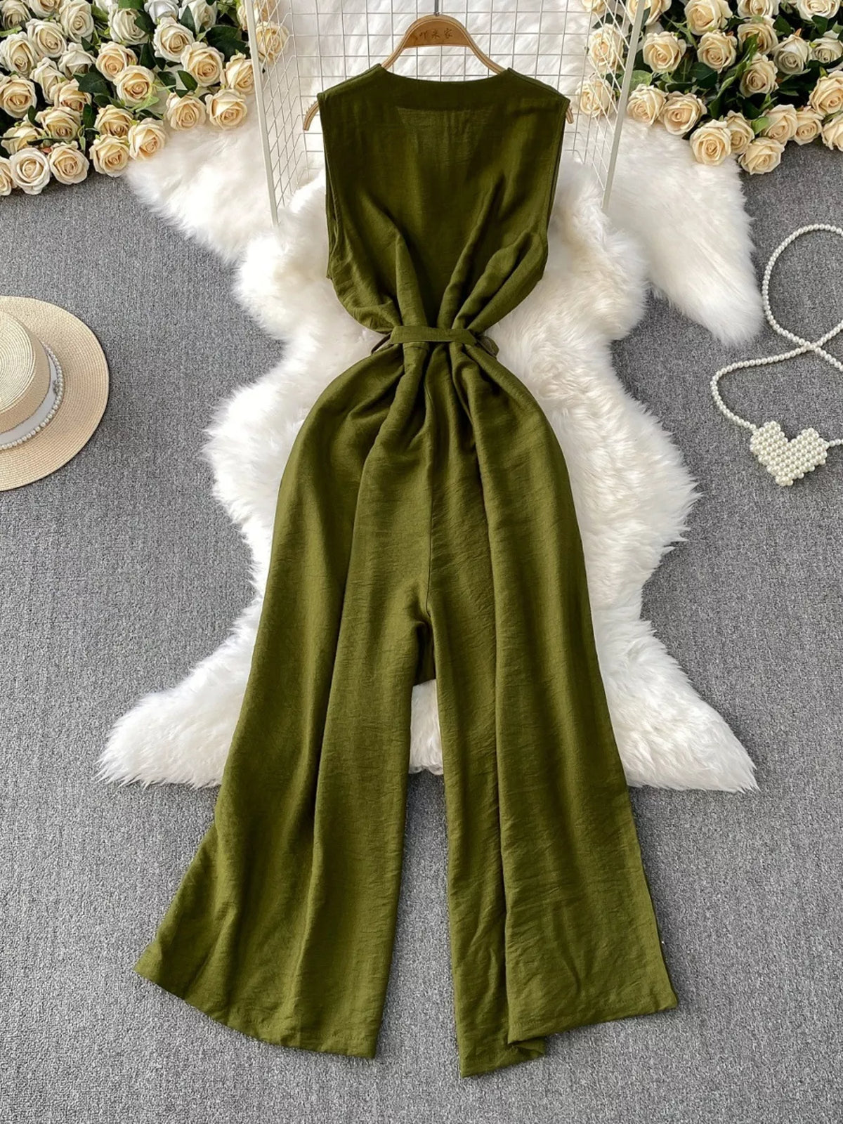 Sleeveless wide leg jumpsuit neckline detail