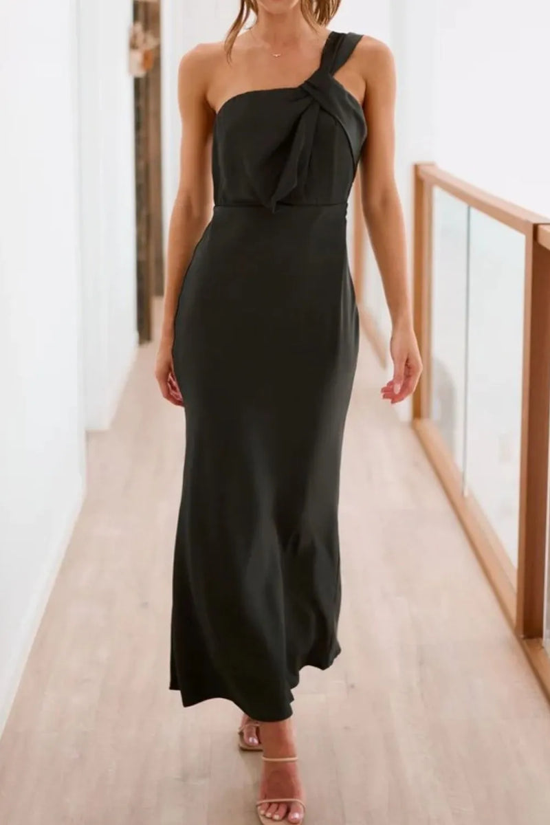 Black single shoulder maxi dress front view