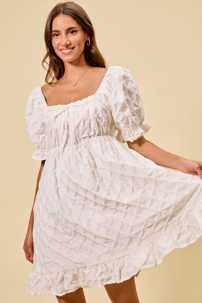 Textured Ruched Bust Mini Dress in Off White side view
