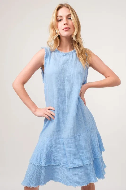 Washed Fringe Detail Tiered Dress back view