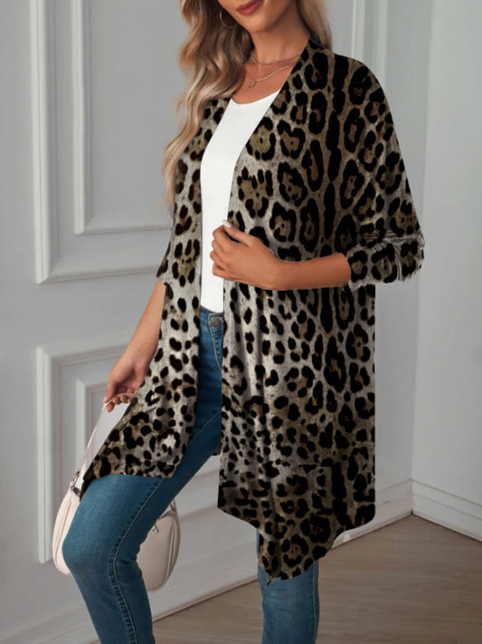 Leopard Print Long Open Front Cardigan Leopard - Fashorio
