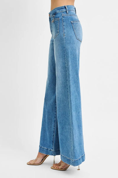 RISEN Full Size Mid Rise Wide Front Patch Pocket Jeans Plus Size - Fashorio