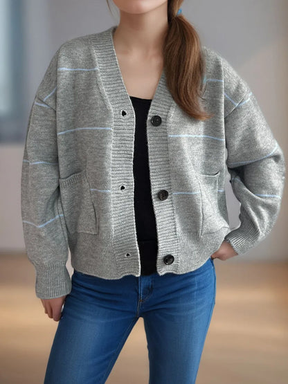 Striped Button Down V-Neck Long Sleeve Cardigan - Fashorio